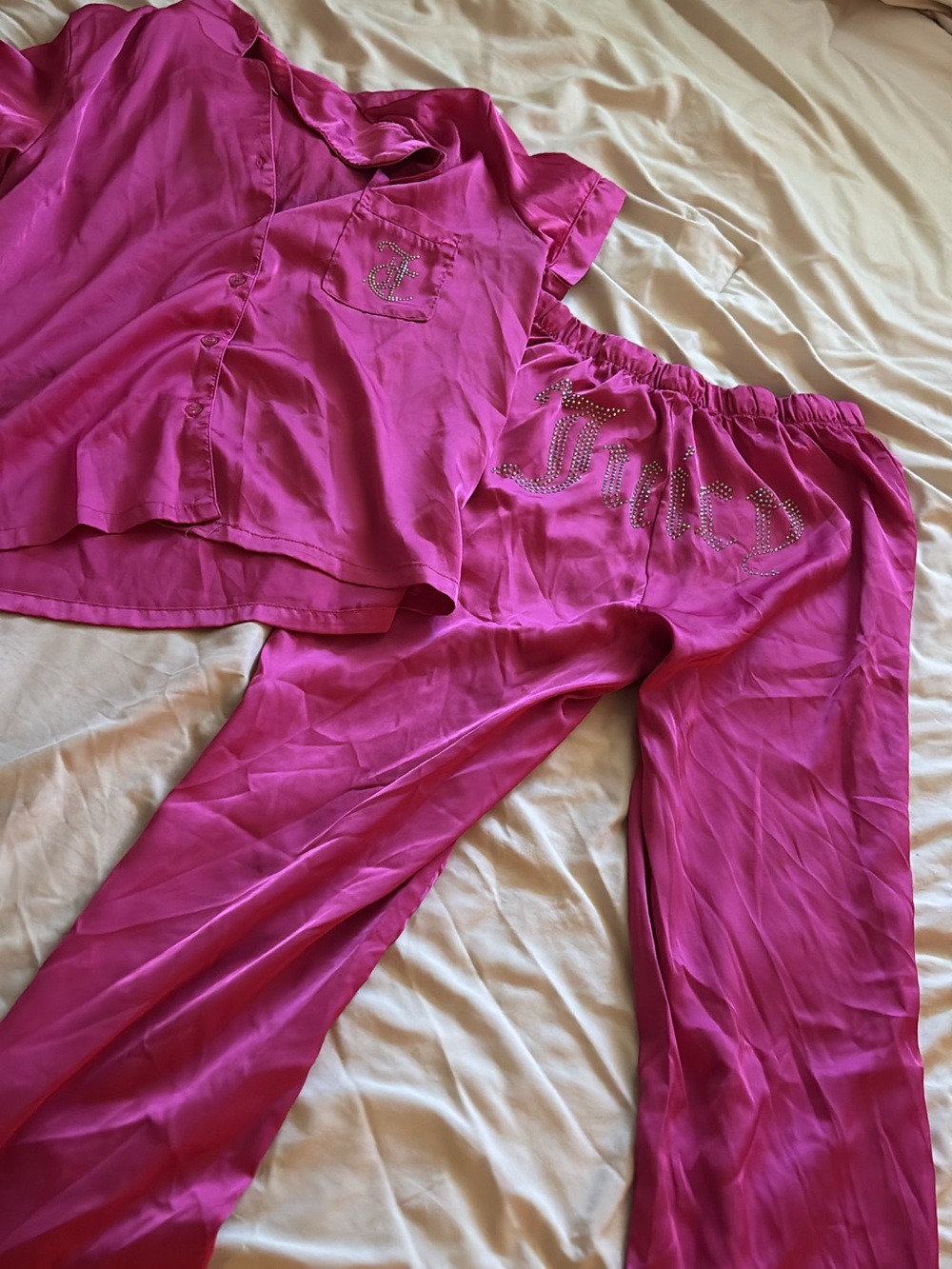 Juicy Couture Fuchsia Satin Pajama Set with Crystal Logo